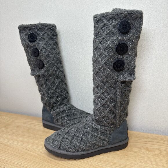 UGG Knit Boots Womens 7 Cardy Tall Sock Sweater Gray Lattice Australia Wool - Picture 12 of 13